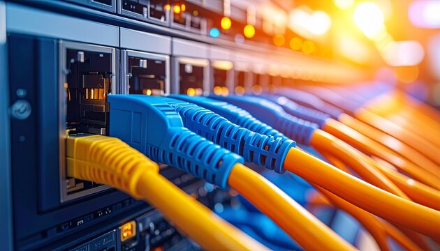Close up of colored LAN cables connected to a network switch, blue, orange, and yellow.