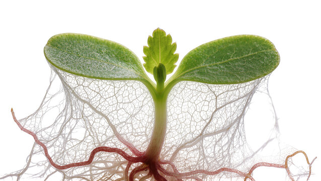 Green seedling with intricate root system, isolated on transparent background