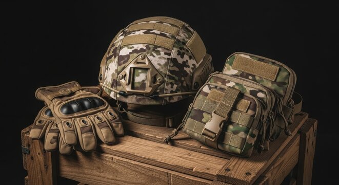 Memorial day remembrance honoring fallen heroes with military helmet and gear