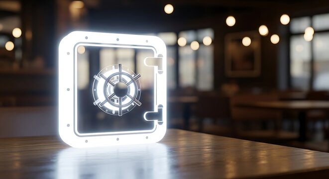 Glowing safe icon with dial on a table in a blurred cafe interior vault security