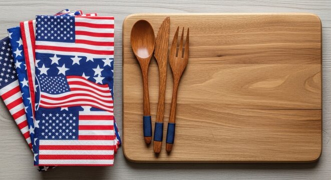 Memorial day patriotic table setting american flags wooden utensils and cutting board