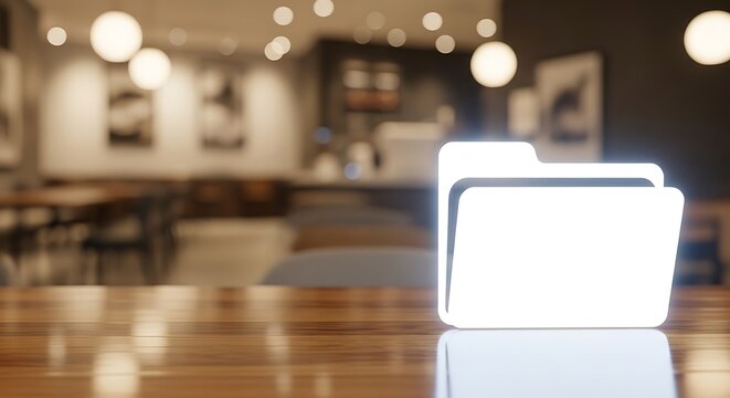 Glowing white folder icon on a wooden table in a blurred cafe folder, icon, digital, data, storage