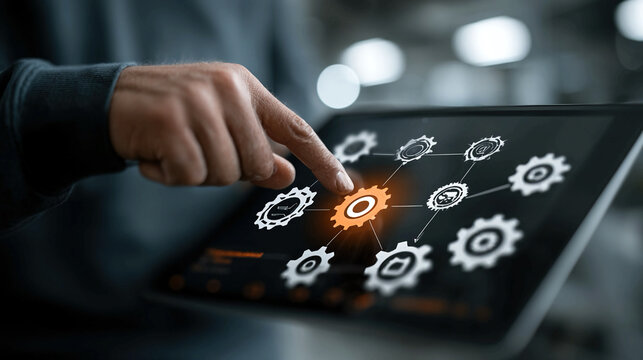 AI automation workflow system with digital tablet interface showing connected process nodes data integration smart systems machine learning optimization and enterprise digital transformation