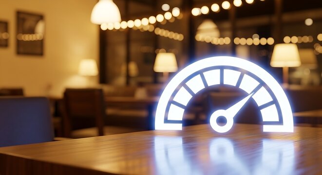 Glowing white speedometer icon on a wooden table in a blurred cafe speedometer, gauge, speed, meter