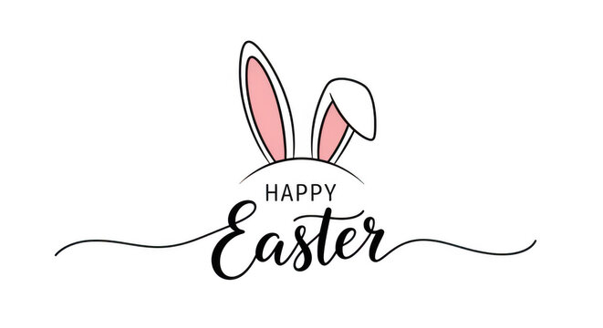 Happy easter text with cute bunny rabbit ears illustration