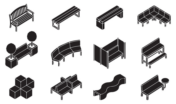 Isometric park bench and outdoor furniture icon set, black silhouette street seating collection isolated on white background.