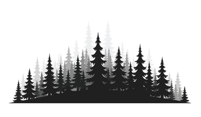 Dense forest of coniferous trees in varying shades of gray isolated on a white background silhouette high quality professional detailed modern elegant stylish clean © Thysl2000