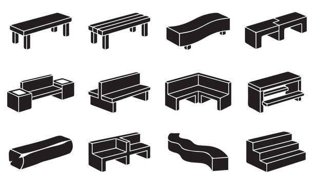 Isometric park bench and outdoor furniture icons set, black and white minimalist street furniture collection for architectural diagrams and maps.