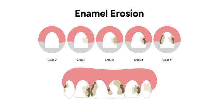 Hand-drawn illustration of enamel erosion educational style. tooth structure with worn enamel, exposed dentin, and visible damage progression.  visual causes of enamel loss and tooth sensitivity