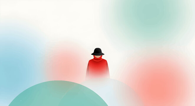 person in red coat and black hat standing alone in colorful abstract background