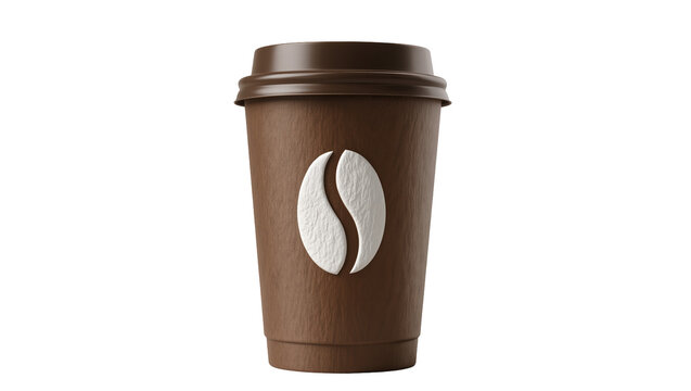 Brown paper coffee cup with white bean logo, isolated on transparent background