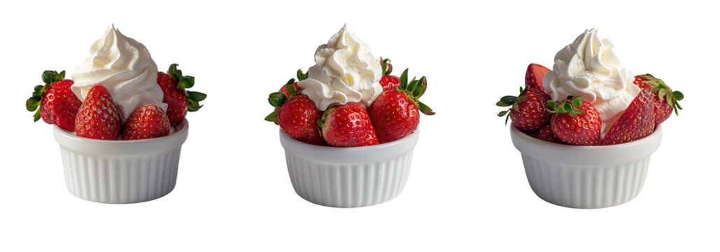 Three white ramekins filled with fresh strawberries and whipped cream isolated on transparent background