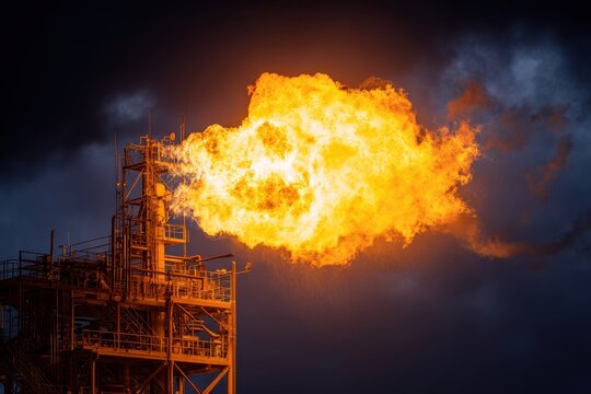 flare stack burning excess gas at night, massive flames against dark sky,