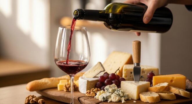 Red wine pours into a glass beside a cheese and charcuterie board with grapes and bread on a wooden.