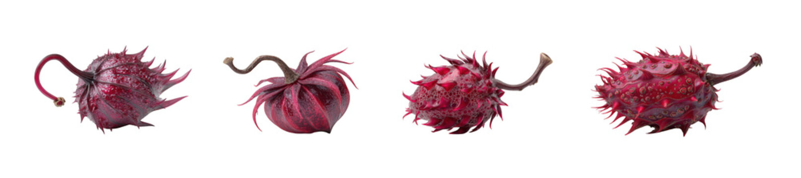 Set of four ripe red annatto seeds or achiote fruits isolated on transparent background