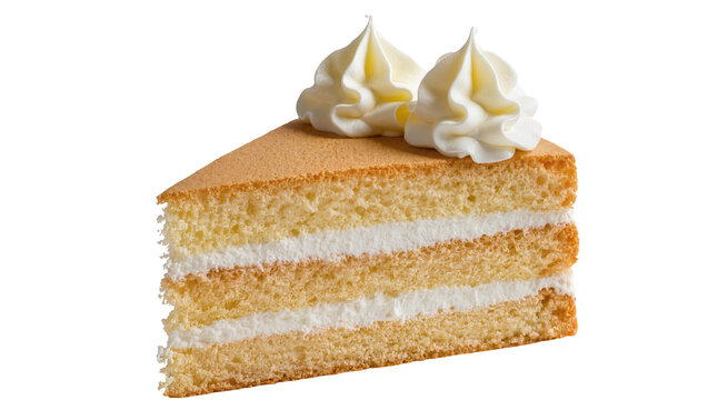 Layered sponge cake slice with whipped cream swirls, isolated on transparent background