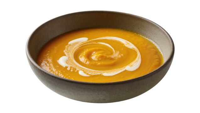 Creamy orange soup with swirl of cream, isolated on transparent background