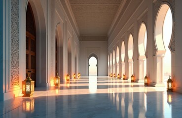 Obraz premium Islamic architecture hallway with arched windows, ornate lanterns casting warm light. Elegant detailed interior walkway with sunlit floor patterns creates peaceful ambiance for Ramadan celebration