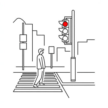 Man waiting at a red traffic light at a pedestrian crosswalk in the city Vector, illustration