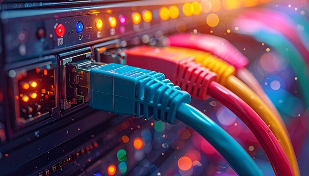 Colorful RJ45 Ethernet cables are attached to the switch panel, shallow depth of field.