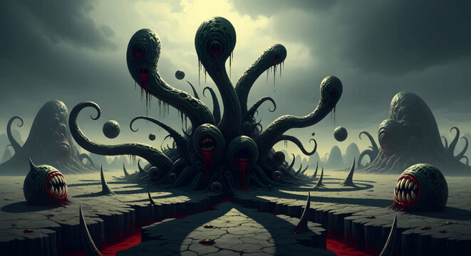 Dark fantasy creature with tentacles in a horror landscape