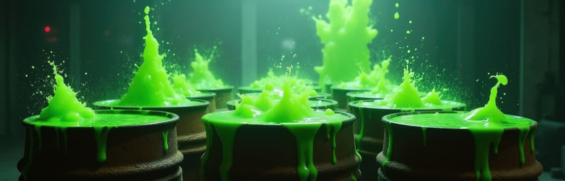 Vibrant green toxic ooze splashes from industrial barrels. Slimy radioactive sludge boils over the containers, creating hazardous chemical waste. Danger spills from drums, atomic green liquid erupts.