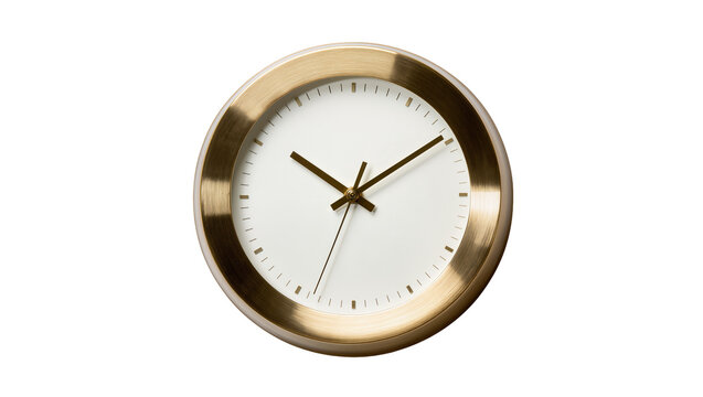 Brushed gold round wall clock with white face and black hands, isolated on transparent background