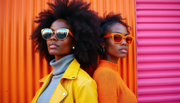 Two stylish young black women with sunglasses pose back to back against colorful textured walls. Their outfits, accessories pop with vibrant orange, yellow hues. They look confident, fashionable.