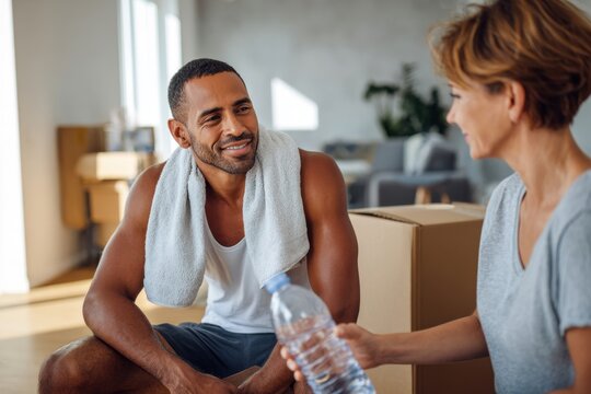 Man sitting on an unpacked box taking a break, drinking water,