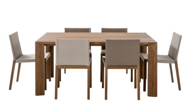 Modern wooden dining table with six upholstered chairs, isolated on transparent background