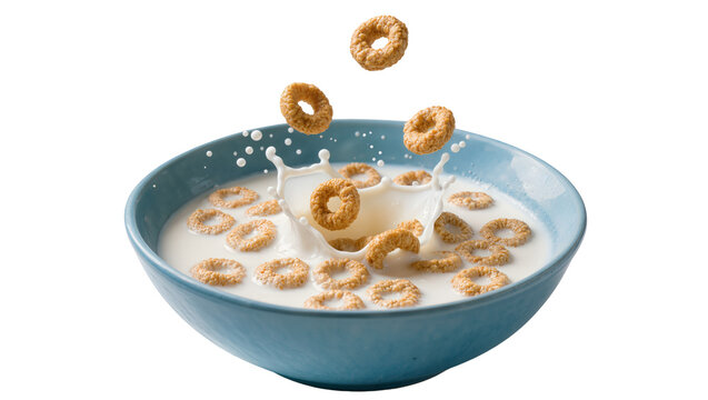 Crunchy oat cereal rings splashing into blue bowl of milk, isolated on transparent background
