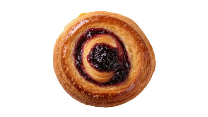 Golden brown swirl pastry with dark berry jam filling, isolated on transparent background © Matteo