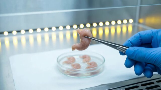 Laboratory technician in blue gloves carefully lifts a specimen with tweezers above a petri dish containing additional samples on a clean work surface