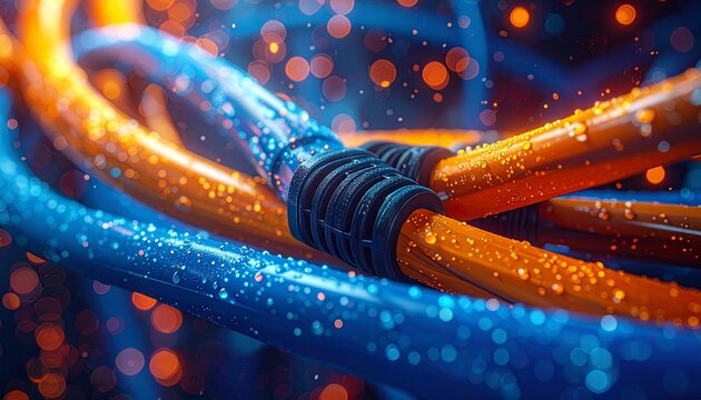 Macro perspective of a tangled LAN cable in blue, orange, and yellow, symbolizing complexity.