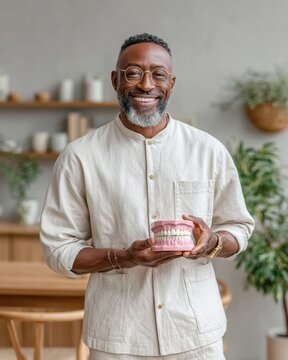 dentist holding a model of teeth and gums, explaining something to the camera