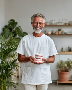 dentist holding a model of teeth and gums, explaining something to the camera