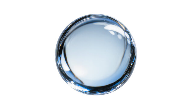 Perfectly round clear water droplet with blue reflections, isolated on transparent background
