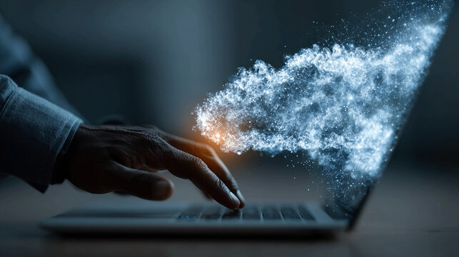 AI cloud computing and data integration concept with professional using laptop showing analytics dashboard cloud network system digital transformation and smart technology innovation