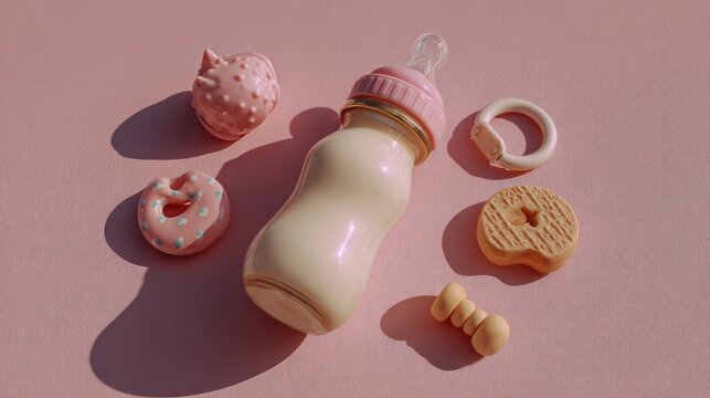Baby's milk bottle, soother, and toy lay on a pink surface.