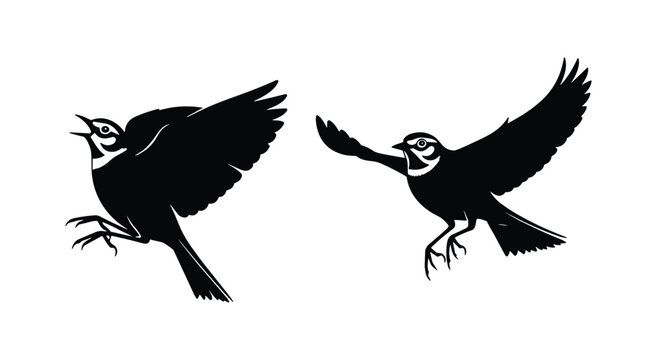 Flying Horned Lark Bird Silhouette Set - Songbird Vector Art Isolated on White