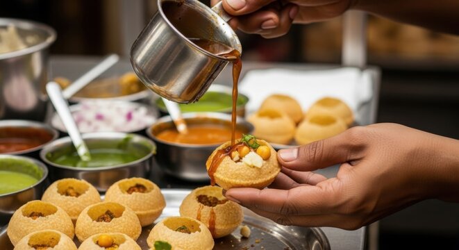Hands preparing Pani Puri with various chutneys and ingredients in the background.