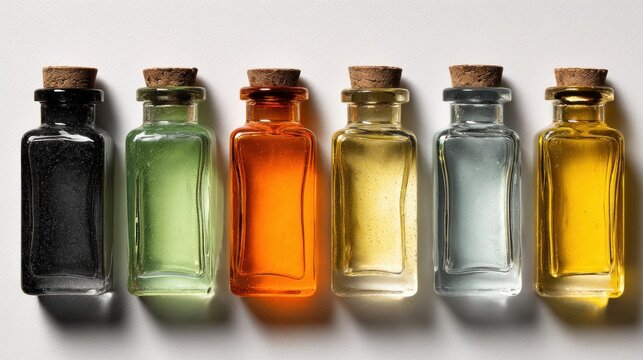 Bottled perfumes sit alone on a white surface.