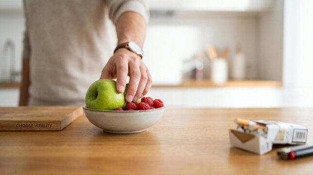 Man choosing healthy apple from bowl over cigarettes on table  