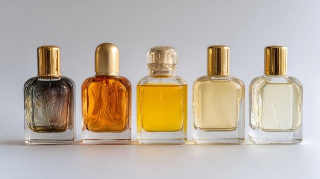 Bottled perfumes sit alone on a white surface.