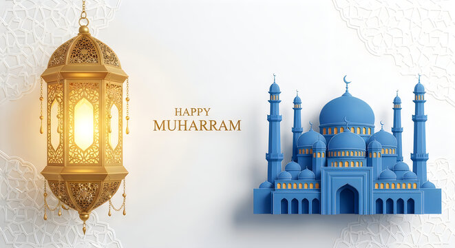Happy muharram greeting card with a golden hanging lantern and a beautiful blue mosque building