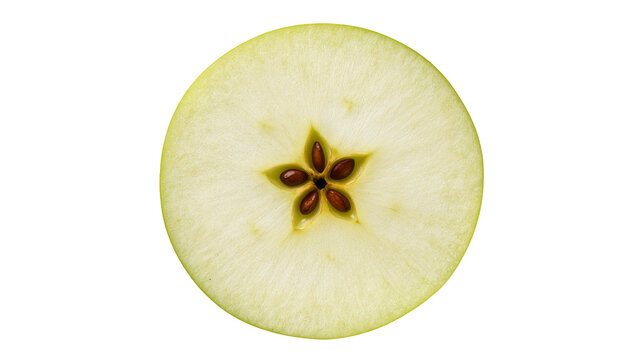 Green apple slice with star-shaped core and seeds, isolated on transparent background