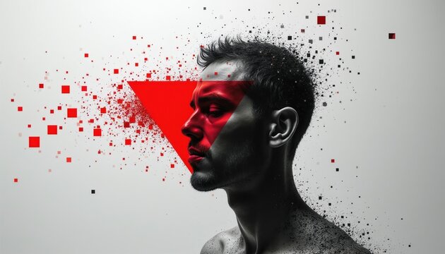 Man face disintegrating into red pixels and squares. Abstract digital portrait breaks apart, emerging geometric forms. Futuristic concept art, identity fragmentation.