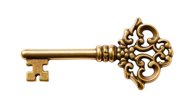 Ornate antique brass skeleton key with intricate scrollwork, isolated on transparent background