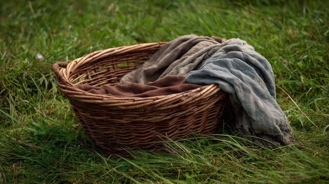 Basket and cloth are on grass outside.