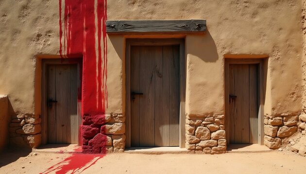 Old house with three wooden doors marked with red paint splashes. Stone foundation and sandy ground create rustic feel. Symbol of protection and passage.